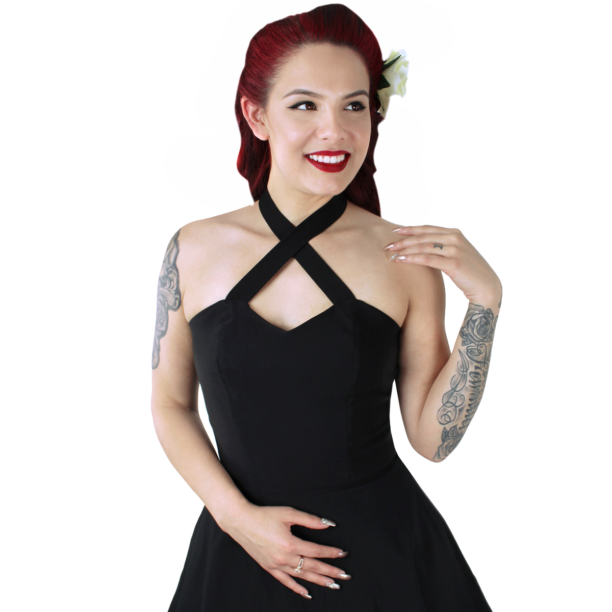 black criss cross dresses Unique Vintage Black Criss Cross Halter Rita Flare Dress