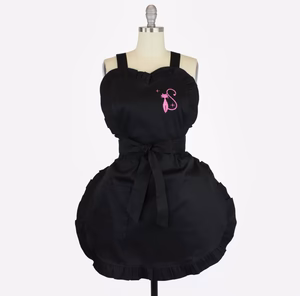 Retro 1950s White Embroidered Cat Black Vintage Inspired Apron