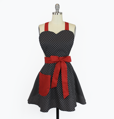 Retro Vintage Inspired Black And Red Polka Dots Pinup 1950s Apron