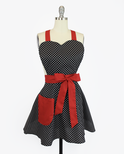 Retro Vintage Inspired Black And Red Polka Dots Pinup 1950s Apron