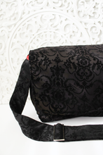 Load image into Gallery viewer, Black Damask Messenger Bag, Victorian Style Crossbody Purse