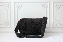 Load image into Gallery viewer, Black Damask Messenger Bag, Victorian Style Crossbody Purse