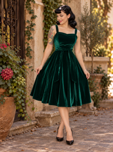 Load image into Gallery viewer, Emerald Green Velvet Holiday Dress – Vintage Inspired Swing Dress