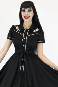 Black and White Rose Embroidery Vintage Rockabilly Western Country Dress