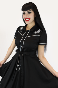 Black and White Rose Embroidery Vintage Rockabilly Western Country Dress