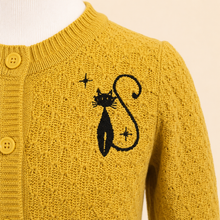 Load image into Gallery viewer, Girls Mustard Black Cat Cardigan Sweater
