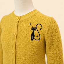 Load image into Gallery viewer, Girls Mustard Black Cat Cardigan Sweater
