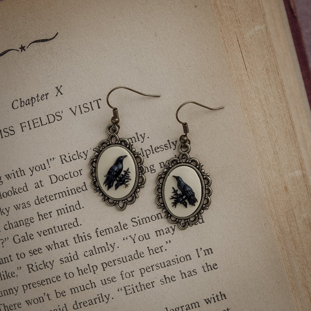 Handmade Crow Cameo Earrings