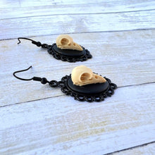 Load image into Gallery viewer, Handmade Edgar Allen Poe Inspired Raven resin Skull Cameo Earrings