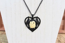 Load image into Gallery viewer, Skull and Roses Heart Cameo Black Victorian Goth Necklace