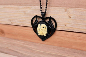 Skull and Roses Heart Cameo Black Victorian Goth Necklace