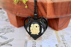 Skull and Roses Heart Cameo Black Victorian Goth Necklace