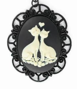 Siamese Cats Oval Cameo Black Victorian Goth Necklace