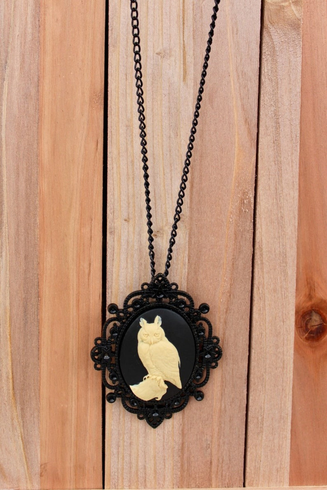 Great Horned Owl Black Victorian Cameo Necklace