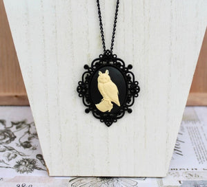 Great Horned Owl Black Victorian Cameo Necklace