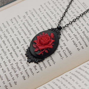 Red Rose Oval Cameo Black Victorian Goth Necklace