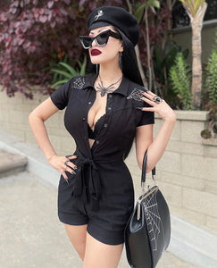 Spiderweb Stretchy Black Romper With Belt