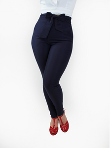 Tie Waist Navy High Waist Cigarette Pants