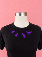 Load image into Gallery viewer, Purple Kitty Sweater Top, Purple Retro Spooky Knit Top, Vintage Inspired Black Cat Knit Top, Embroidered Cat Shirt, Rockabilly Cat Lover Top