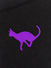 Load image into Gallery viewer, Purple Kitty Sweater Top, Purple Retro Spooky Knit Top, Vintage Inspired Black Cat Knit Top, Embroidered Cat Shirt, Rockabilly Cat Lover Top