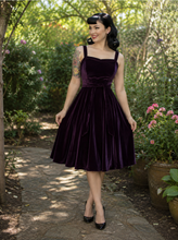 Load image into Gallery viewer, Purple Velvet Strap Swing Dress, Rockabilly Midi Dress