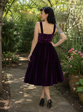 Load image into Gallery viewer, Purple Velvet Strap Swing Dress, Rockabilly Midi Dress