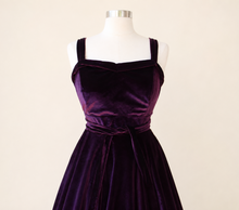 Load image into Gallery viewer, Purple Velvet Strap Swing Dress, Rockabilly Midi Dress