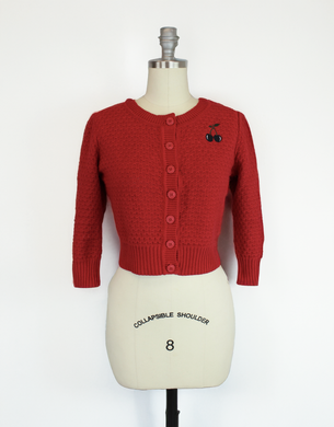 Red 3/4 Sleeve Cardigan Sweater with Cherry Embroidery