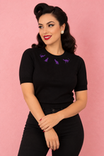 Load image into Gallery viewer, Purple Kitty Sweater Top, Purple Retro Spooky Knit Top, Vintage Inspired Black Cat Knit Top, Embroidered Cat Shirt, Rockabilly Cat Lover Top