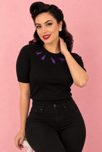 Load image into Gallery viewer, Purple Kitty Sweater Top, Purple Retro Spooky Knit Top, Vintage Inspired Black Cat Knit Top, Embroidered Cat Shirt, Rockabilly Cat Lover Top