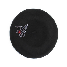 Load image into Gallery viewer, Embroidered Spiderweb Black Beret