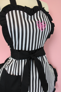 Pink Spiderweb Heart Black & White Striped Vintage Inspired Apron