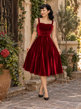 Load image into Gallery viewer, Ruby Red Velvet Swing Dress – 1950s Vintage Inspired Holiday Dress