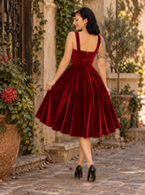 Load image into Gallery viewer, Ruby Red Velvet Swing Dress – 1950s Vintage Inspired Holiday Dress