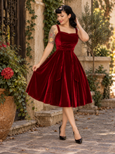 Load image into Gallery viewer, Ruby Red Velvet Swing Dress – 1950s Vintage Inspired Holiday Dress