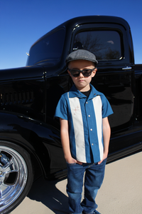 Boy's Embroidered Bowler Vintage Inspired 1950s Blue Retro Top