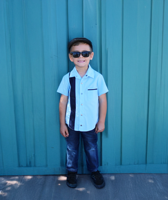 Boy's 1950s Vintage-Inspired Bowler Shirt | Blue Panel Retro Dapper Top