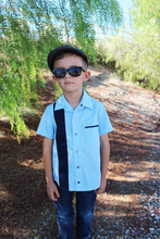 Load image into Gallery viewer, Boy&#39;s 1950s Vintage-Inspired Bowler Shirt | Blue Panel Retro Dapper Top