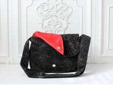 Load image into Gallery viewer, Black Damask Messenger Bag, Victorian Style Crossbody Purse