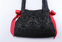 Load image into Gallery viewer, Black Damask Handbag with Red Ribbon Bows