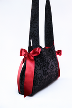 Load image into Gallery viewer, Black Damask Handbag with Red Ribbon Bows