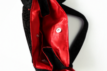 Load image into Gallery viewer, Black Damask Handbag with Red Ribbon Bows