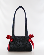 Load image into Gallery viewer, Black Damask Handbag with Red Ribbon Bows