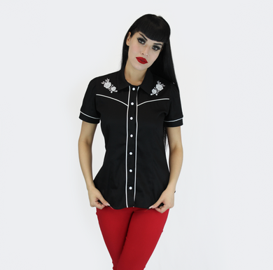 Black White Rose Rockabilly Western Top