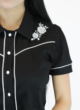 Load image into Gallery viewer, Black White Rose Rockabilly Western Top