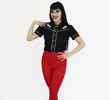 Load image into Gallery viewer, Black White Rose Rockabilly Western Top