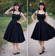Load image into Gallery viewer, Black Vintage Inspired 1950s Strap Damask Swing Dress, Rockabilly Midi Dress