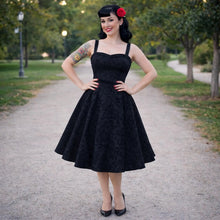Load image into Gallery viewer, Black Vintage Inspired 1950s Strap Damask Swing Dress, Rockabilly Midi Dress