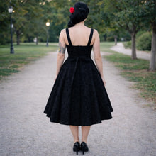 Load image into Gallery viewer, Black Vintage Inspired 1950s Strap Damask Swing Dress, Rockabilly Midi Dress