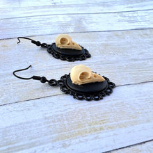 Load image into Gallery viewer, Edgar Allen Poe Inspired Raven resin Skull Cameo Earrings